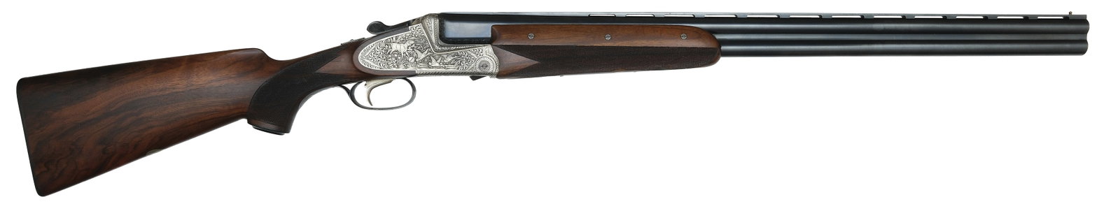 EXCELLENT G. JUCH 12 BORE OVER UNDER HAND DETACHABLE SHOTGUN.: SN. 512492. Cal. 12ga. Built with 27-5/8" matted ventilated rib brl with brass front bead. Brl is engraved "G. JUCH" and "FERLECH". Breech ends of brls are nicely scroll engraved. Bottoms of tubes wit