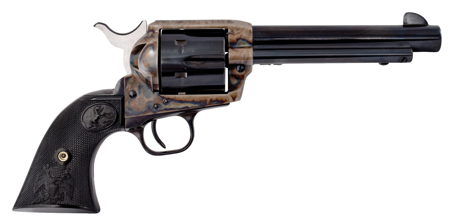 EXTREMELY FINE 3RD GENERATION COLT SINGLE ACTION ARMY TUNED BY HAMILTON BOWEN WITH: ORIGINAL BOX. SN. S57135A. Cal .45 Long Colt. Built with 5-1/2" blued brl. Casehardened frame. Blued six shot cylinder. Blued front and back straps. Checkered hard rubber grips. Gun recently tuned by 