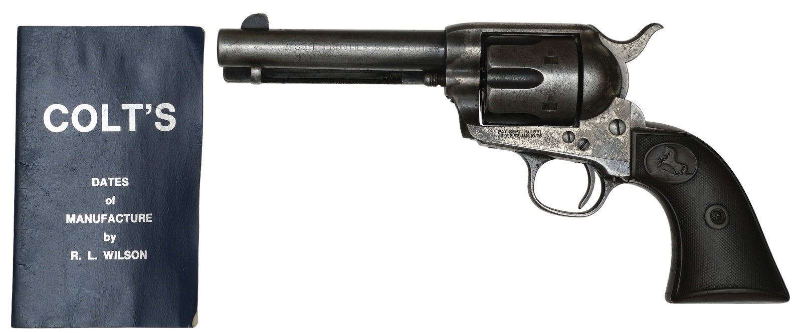 ANTIQUE SAA COLT FRONTIER SIX SHOOTER.: SN. 140295. Cal. .44-40. Built with 4-5/8" blued brl and blade front sight. Stamped "Colt Frontier Six Shooter" on side of brl and maker's stamps on top. Casehardened black-powder frame