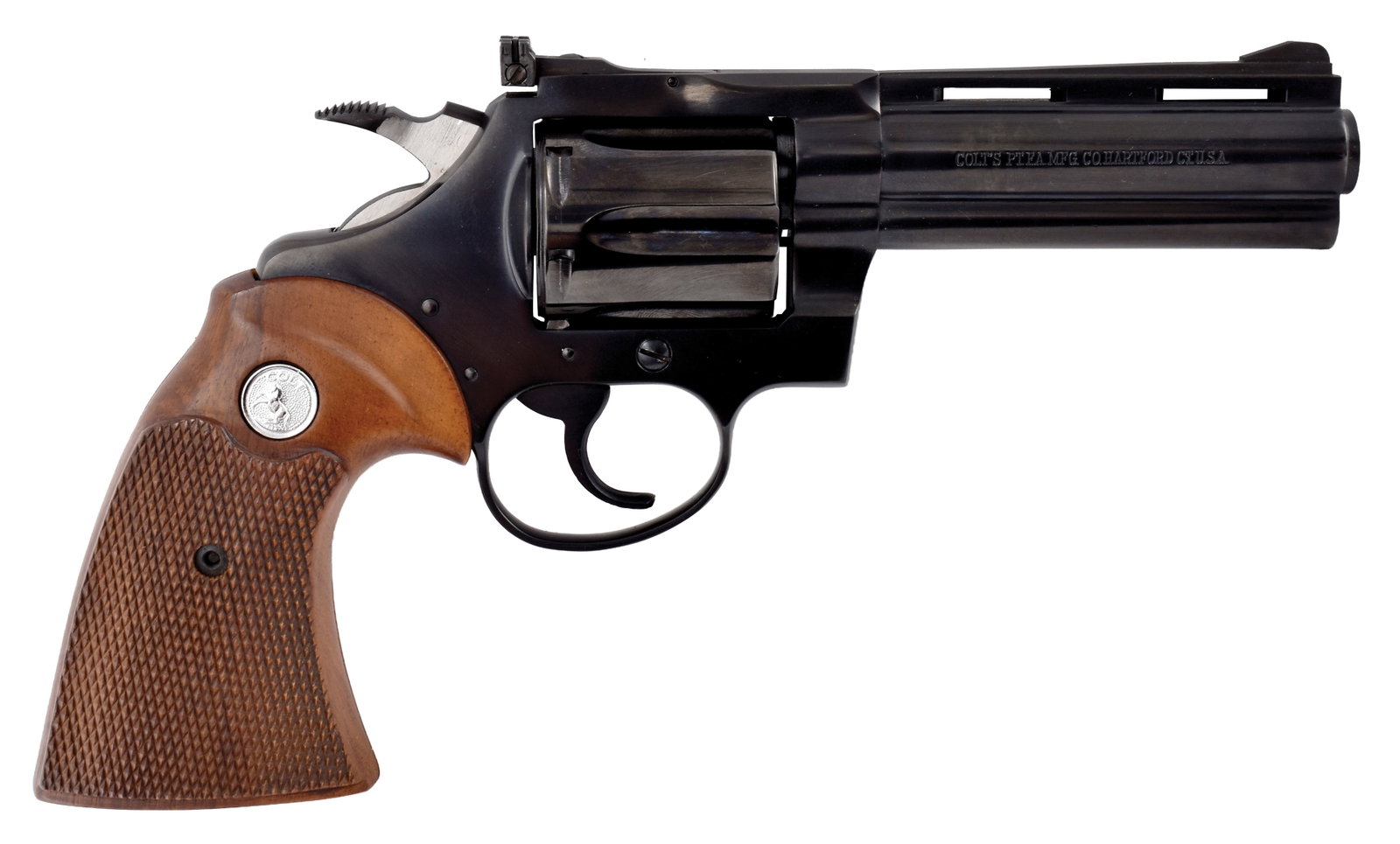 AS NEW COLT DIAMONDBACK REVOLVER WITH BOX.: SN. D39548. Cal. .22LR. Built in 1970 with 4" blued round brl. Six shot cylinder. Checkered wood grips with silver Colt medallions. Gun is housed in what appears to be its factory wood