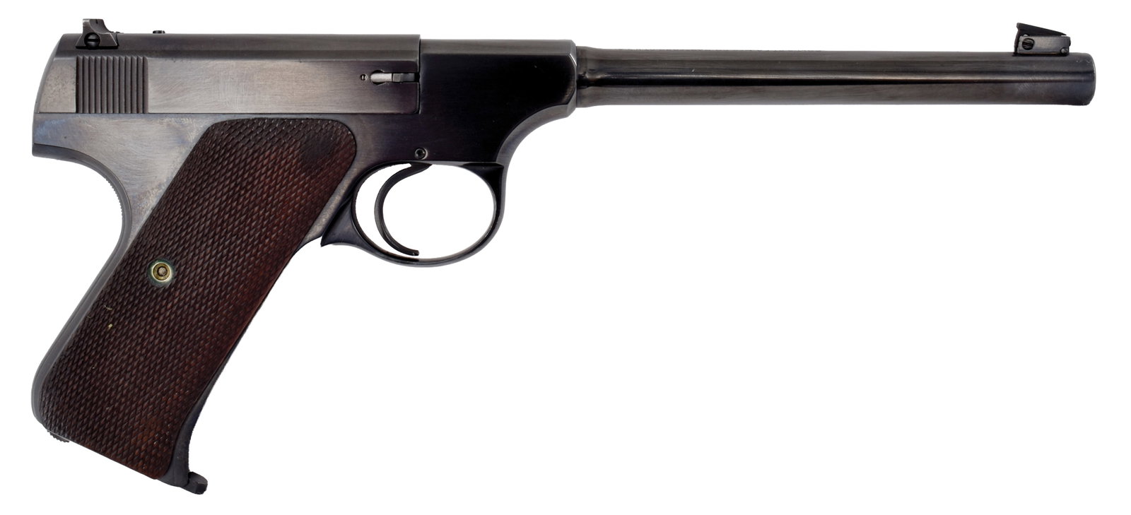 BEAUTIFUL EARLY COLT WOODSMAN.: SN. 105911 B. Cal. .22LR. Built with 6-5/8" brl that has usual maker's stamps on top. Left side stamped "THE WOODSMAN". Slide with usual maker's stamps on left. Checkered walnut grips. WEIGHT: