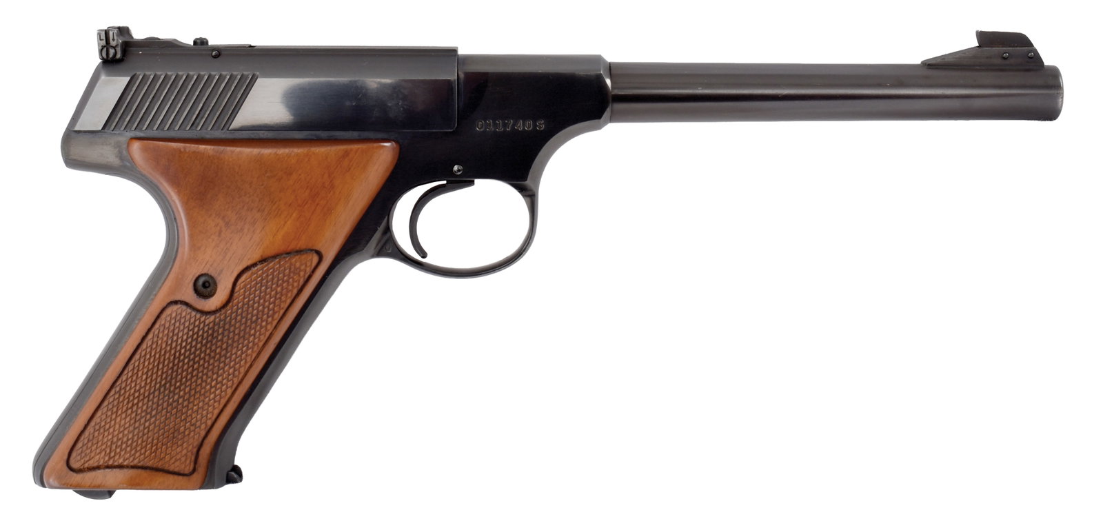 EXCELLENT SERIES 3 COLT WOODSMAN.: SN. 011740-S. Cal. .22LR. Built with 6" brl that has usual maker's stamps on left side. Left side stamped "RAMPANT COLT" & "WOODSMAN" . Slide with usual maker's stamps on left. Checkered walnut