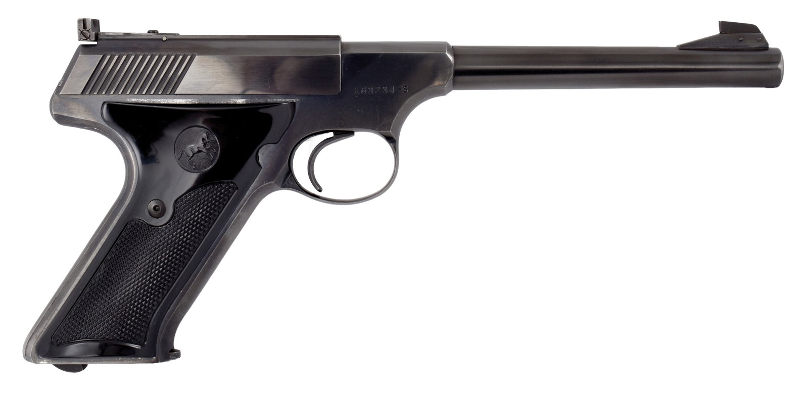 MINTY COLT WOODSMAN.: SN. 163234-S. Cal. .22LR. Built with 6" brl with usual maker's stamps on left side. Black tenite checkered grips. Original magazine. WEIGHT: 1lbs. 14oz. 