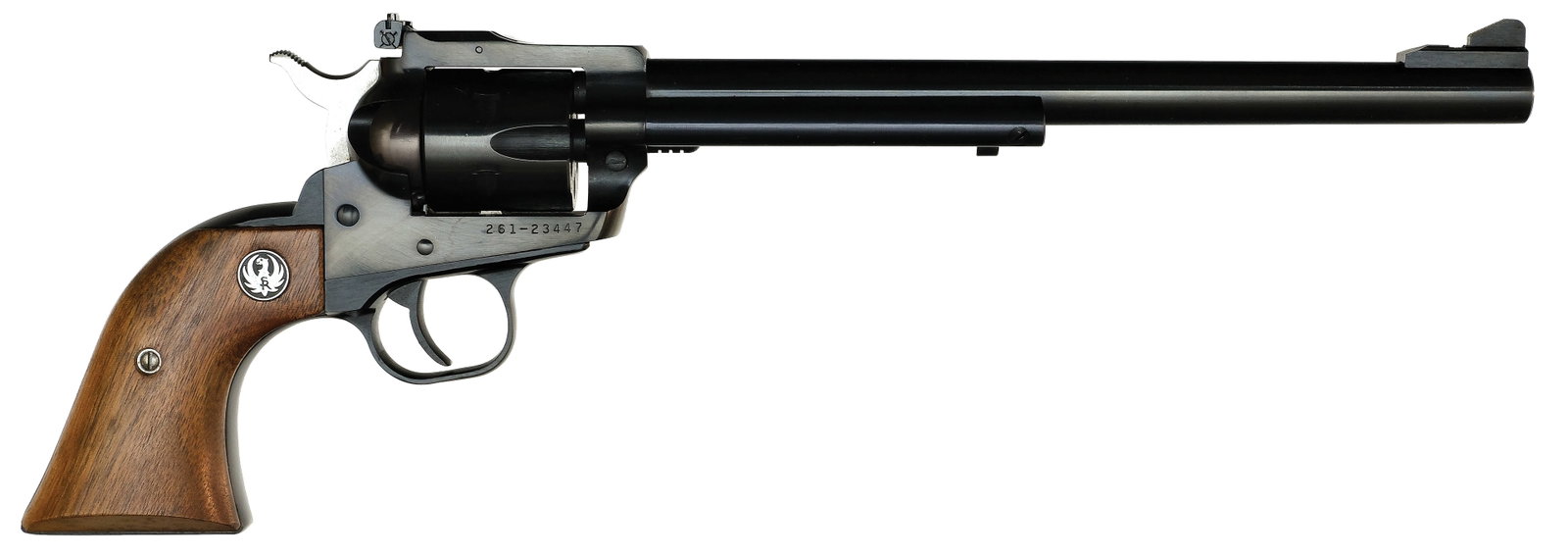 NEAR MINT RUGER NEW MODEL SUPER SINGLE SIX REVOLVER WITH BOX.: SN. 261-23447. Cal. .22. Built with 9-1/2" blued brl. Six shot cylinder. Walnut grips. WEIGHT: 2lbs. 6oz.
