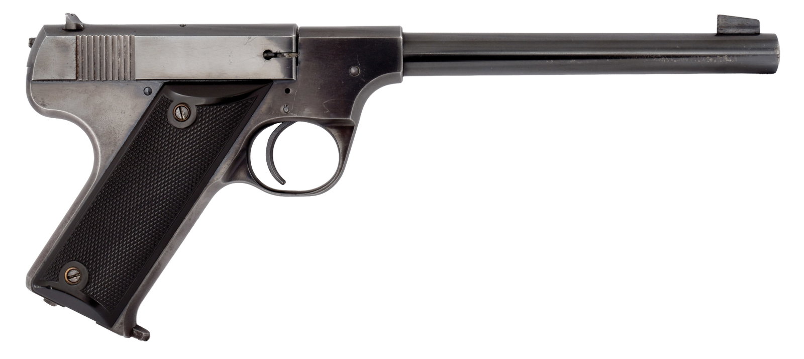 EXCELLENT HI-STANDARD MODEL B TARGET PISTOL.: SN. 25771. Cal. .22LR. Built with 6-3/4" blued round brl. Left side of brl and slide with usual maker's stamps. Black checkered hard rubber grips. Original magazine. WEIGHT: 2lbs. 1oz. 