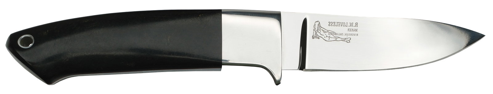R.W. Loveless, Lawndale, California.: Drop point stainless steel blade with a black handle and original sheath signed by the maker. Overall length 8" with a 3.25" cutting edge. 