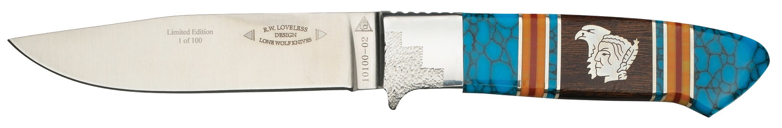 R.W. Loveless, Riverside, California.: In Collaboration with Lonewolf Knives, this is a limited edition of 100 knives made. Stainless steel tapered blade with a turquoise handle. Overall length of 9" with a 4" cutting edge. 