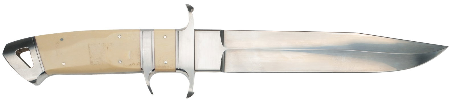 Dietmar Kressler Custom Knives: Integral big bear subhilt fighter with a tapered tang steel blade. Fitted with a steel and bone handle. Overall length of 13.5" with a 6.75" cutting edge. 
