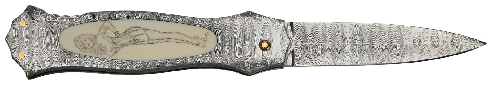 Joe Kious Custom Folding Knife: Mini Lockback dagger with Damascus steel blade and handle. "Phergert 2014" signed by the women on handle. Overall length of 6.25" with a 2.5" cutting edge.