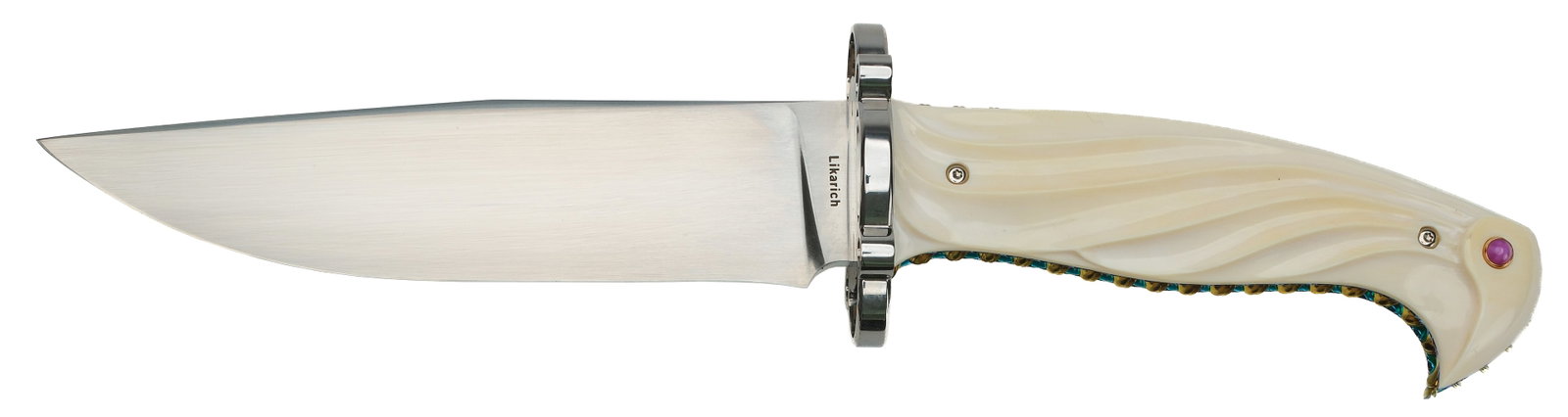 Steve Likarich Custom Knives: Drop point stainless steel blade with a white handle decorated with a colorful outer design and protected with a open loop guard. Overall length of 10.25" with a 5.25".