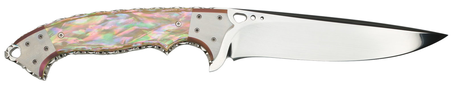 Steve Likarich Custom Knives: Full tang drop point stainless steel blade with a beautiful pear handle and decorative design on handle tang. Overall length of 9.5" with a 4.75" cutting edge.