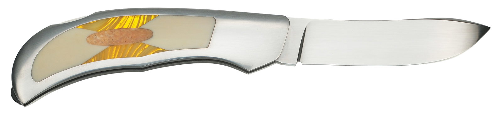 John (Jack) Busfield, Roanoke Rapids, North Carolina: Stainless steel blade with lock back handle made of steel, stone, and bone. Comes with a beaded western pocked case. Overall length of 7.5" with a 3" cutting edge.