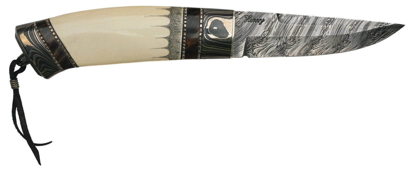 Henry Hilden Custom Knives: Nordic style hunter with Damascus blade, fitted with a Damascus and bone handle. Comes with original sheath. Overall length of 7.5" with a 3" cutting edge. 