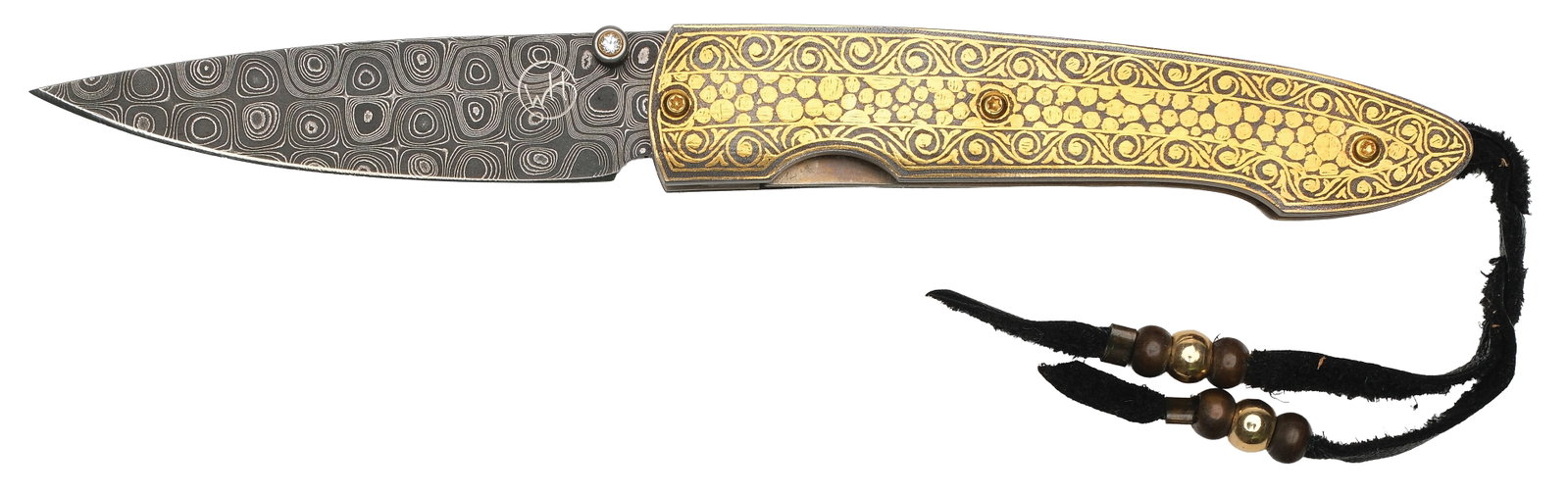 William Henry fine Knives: Stainless Damascus blade with a titanium handle dressed with 24k gold inlays. Beautiful topaz thumbstone. Limited edition of 100, this knife is #11. Comes with original box, poket holder, and card of 