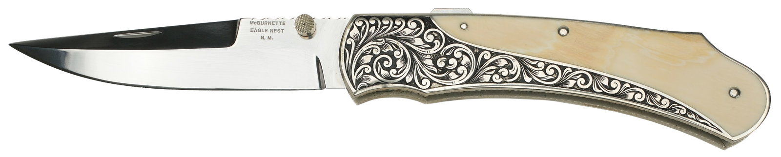 Harvey Otis McBurnette Custom Knives: Engraved Midlock fighter knife fitted with a bone handle. Overall length of 9.25" with a 3.75" cutting edge.