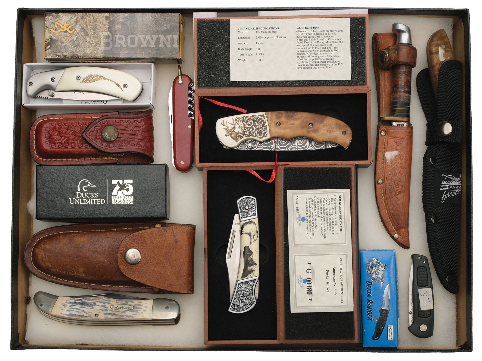 COLLECTORS LOT OF MODERN KINVES.: This lot consists of approximately 34 knives ranging from everyday use pocket knives from Boy Scouts, Cam Co, Kabar, and Trout Unlimited. Commemoratives by Browning, Duck Unlimited, NRA, big game hunt