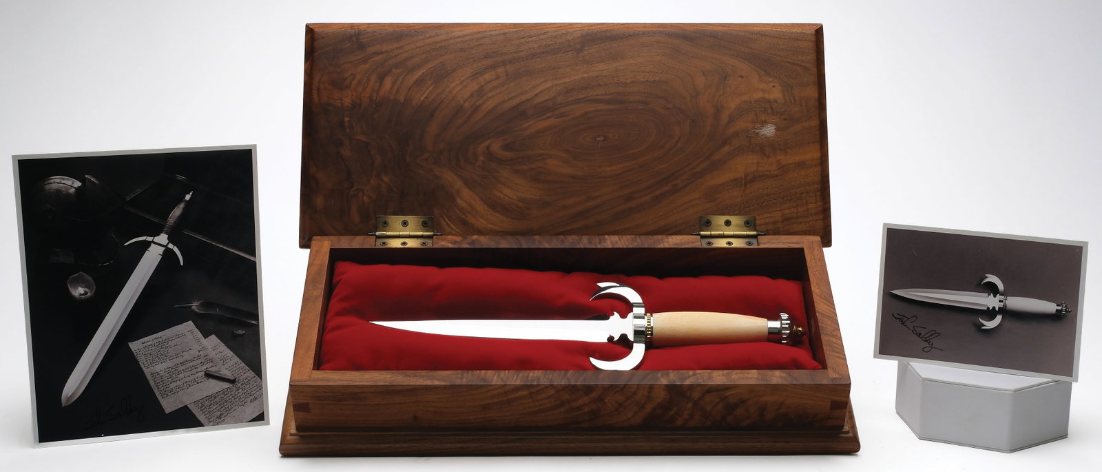 JOHN SALLEY CIRCA. 1979 FIGHTING SWORD AND DAGGER COMBO: Custom set of Sword and Dagger by John Salley. Sword and dagger come with signed promotional pictures as well as a Kife Makers Guild brochure from 1986 featuring the dagger on the cover. Both the Swor