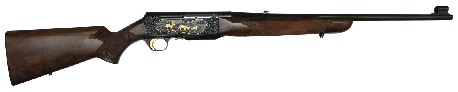 RARE BROWNING BAR GRADE V RIFLE WITH ORIGINAL BOX.: SN 73151M71. Cal. 30-06. These rifles are quite rare, and were only produced for 4 years (71-74) Built with 22" brl with optional open sights. Walnut forend is beautifully scroll engraved and checkere