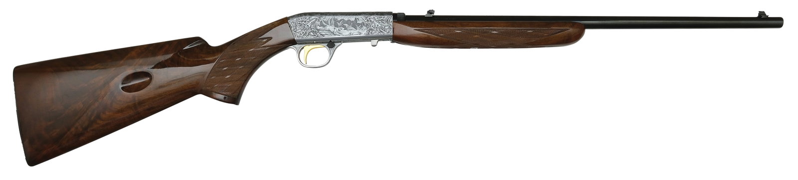 GORGEOUS BELGIAN MADE WATRIN ENGRAVED SA-22 GRADE III WITH BOX.: SN. 69T14527. Cal. .22LR. Built in Belgian in 1969 with 19" blued round brl that has flip up rear sight and blade front sight. Brl with usual maker's stamps. Walnut forend is skip line 