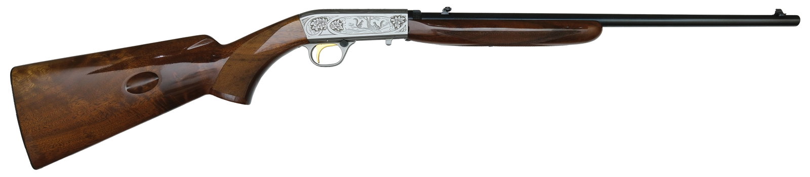 SUPERB BELGIUM BROWNING SA-22 GRADE II WITH BOX.: SN. 4T8942. Cal. .22LR. Built with 19" blued round brl that has flip up rear sight and blade front sight. Brl with usual made in Belgium maker's stamps. Walnut forend is point pattern checkered. Frenc