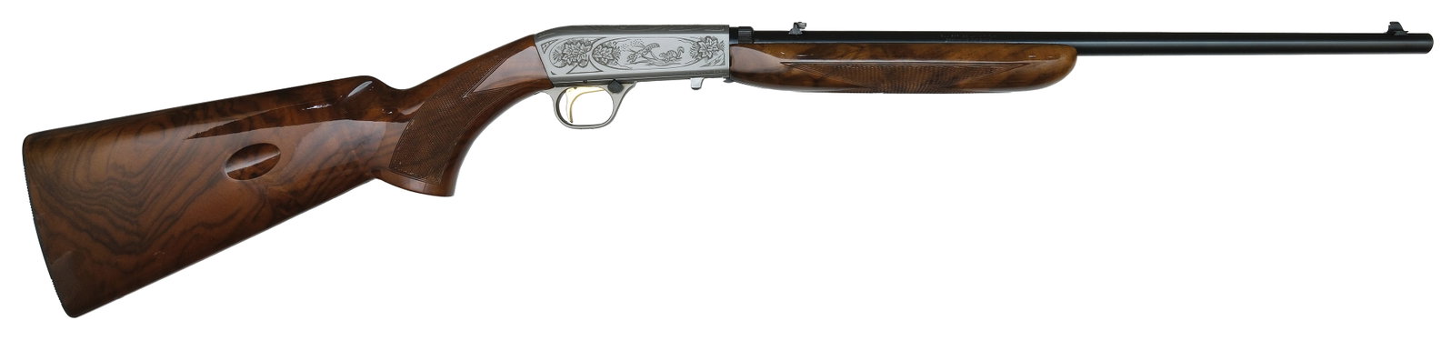 BEAUTIFUL HIGH ORIGINAL CONDITION SA-22 GRADE II WITH BOX.: SN. 02411PX246. Cal. .22LR. Built in Japan with 19" blued round brl that has flip up rear sight and blade front sight. Brl with usual maker's stamps. Walnut forend is point pattern checkered. French g