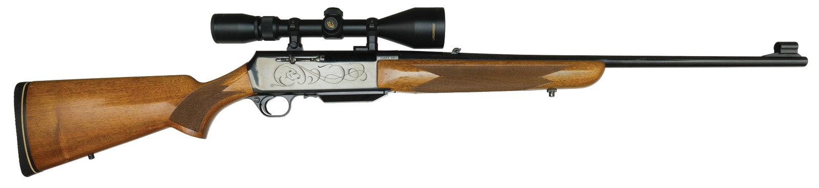 BROWNING BAR SAFARI GRADE II RIFLE WITH CASE.: SN. 74521 M9. Cal. 7mm Rem Mag. Built with 24" Blued round brl that has flip up rear sight and hooded ramp blade front sight. Walnut forend is point pattern checkered. Gun is currently branded with a 