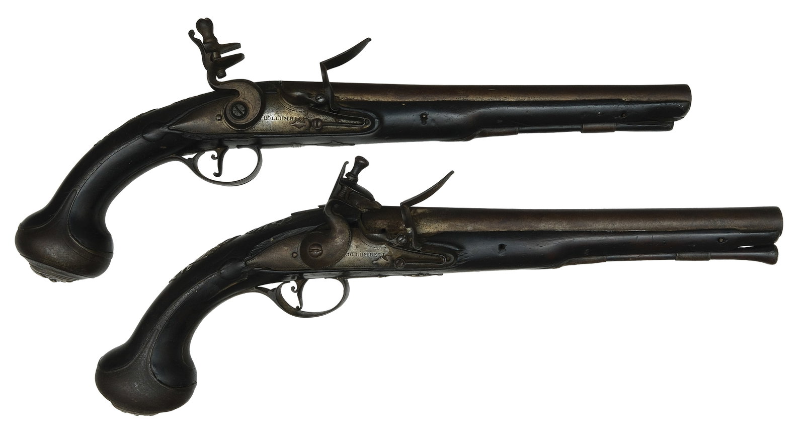 VERY EARLY PAIR OF HOLSTER PISTOLS BY DAVID COLLUMBELL, c1740.: London. Signed Collumbellon the barrels with proof marks and on the lock plates. 16” OA, 10” round smoothbore swamped steel barrels, 65 cal. Walnut stocks, carved at the tang with tea
