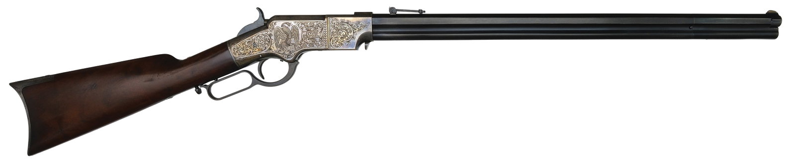 EXCEPTIONAL FACTORY L.D. NIMSCHKE ENGRAVED HENRY RIFLE.: SN. 7711. Cal. .44. Built with 24" blued octagon brl that has flip up rear sight and German silver blade front sight. Brl stamped "HENRY'S PATENT. OCT. 16,1860/MANUFACT'D BY THE NEW HAVEN ARMS CO