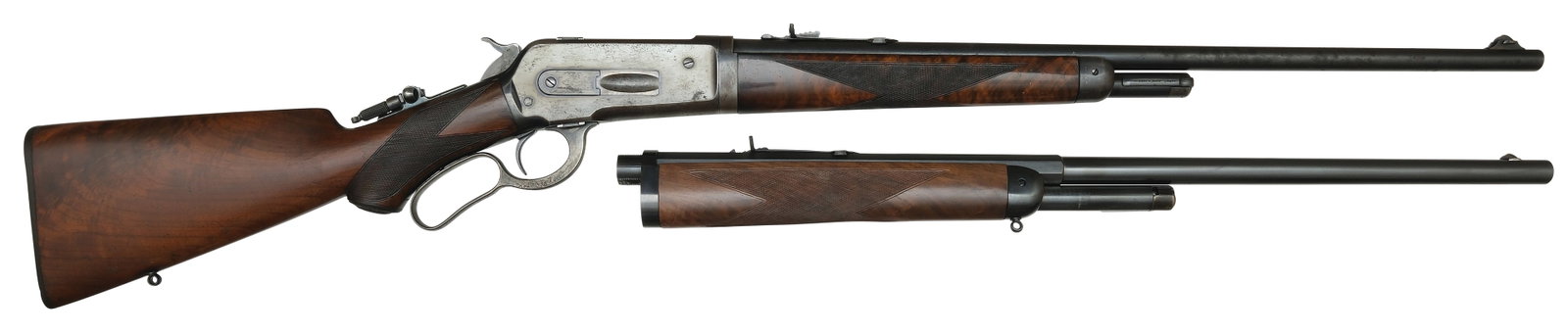 INTERESTING AND HIGHLY USEFUL WINCHESTER MODEL 1886 SEMI DELUXE TWO BARREL SET RIFLE: SN. 134277. Cal. .33 WCF & .45-70. Built in 1904 with 24" blued round brl that has buck horn rear sight and blade front sight. Brl with usual factory original maker's stamps. Walnut forend is very nic