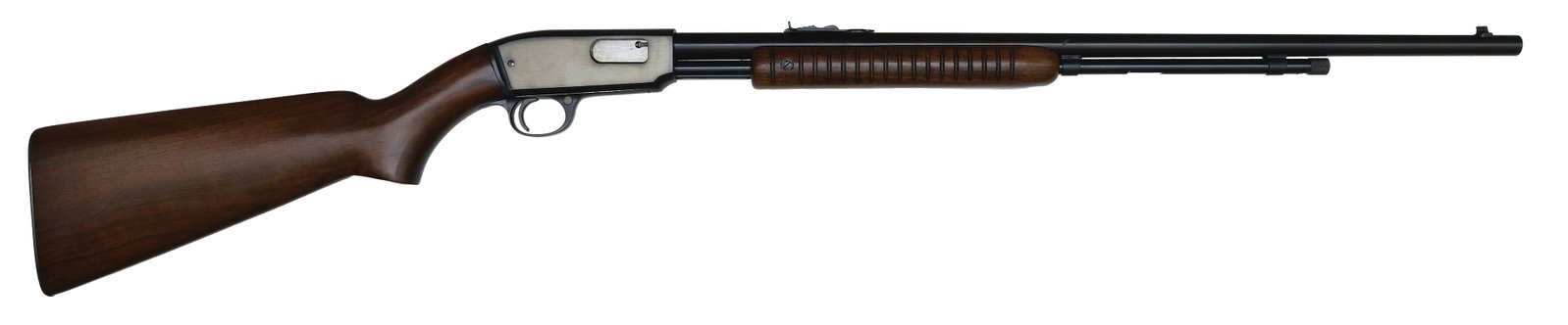 SPECTACULAR MINTY ORIGINAL CONDITION WINCHESTER MODEL 61 WITH FACTORY ORIGINAL PICTURE BOX.: SN. 106304. Cal. .22S,L,LR. Built with 24" blued round brl that has usual maker's stamps, adjustable rear sight and fixed blade front sight. Breech end with proud "WP" proof stamps. Grooved walnut