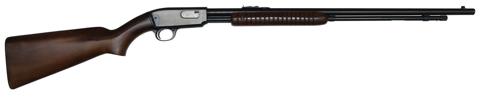 EXTREMELY FINE AND SCARCE WINCHESTER MODEL 61 .22 WRF CAL.: SN. 152875. Cal. .22 WRF. Built with 24” round blued brl that has usual maker’s stamps. Grooved walnut forend. Blued receiver. Flat knob pistol grip walnut buttstock which terminates