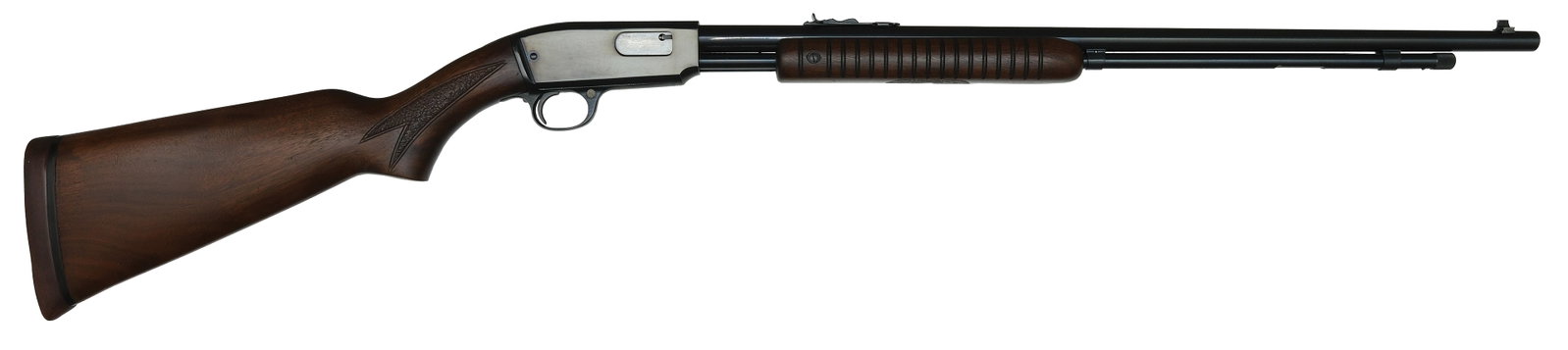 EXCELLENT 1959 UPGRADED WINCHESTER MODEL 61 IN .22 MAG CALIBER.: SN. 296063 Cal. .22Mag. Built with a 23-1/2" blued brl with a dovetail front sight and a rear leaf elevation sight. Upgraded forearm with unique checkering pattern. Two piece takedown with unique