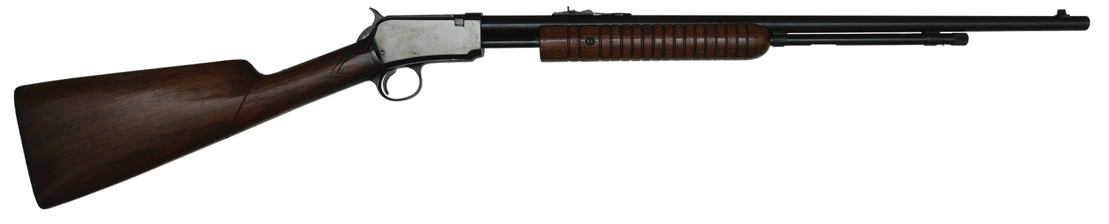 WINCHESTER MODEL 62-A.: SN. 136854 Cal. 22S,L,LR. Built with 23" round tapered brl. Fitted with dovetail gold beaded front sight and leaf and elevator rear sight. Two piece takedown walnut stock with after market checkering 