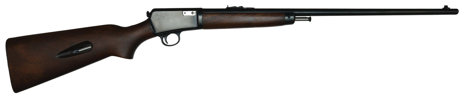 NEAR MINT WINCHESTER MODEL 63.: SN. 149095A. Cal .22LR. Built with 23" blued tapered brl. Dovetail bladed front sight. Leaf and elevator rear sight. Grooved receiver with rich walnut straight grain pistol grip stock. Terminates