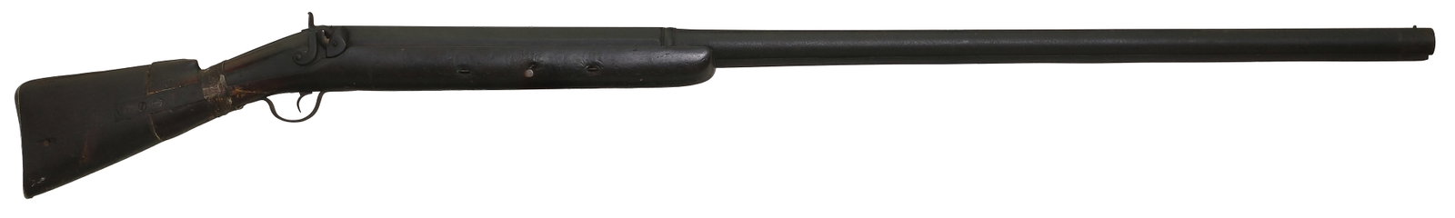 The Ultimate Waterfowl Cannon: Antique 19th Century 2 BORE Punt Gun: SN. NVSN. Cal. 2 Bore. This impressive punt gun built with 58" half octagon half round brl. Double wedge fastened Walnut stock. Steel lock and hammer. Buttstock terminates with its original