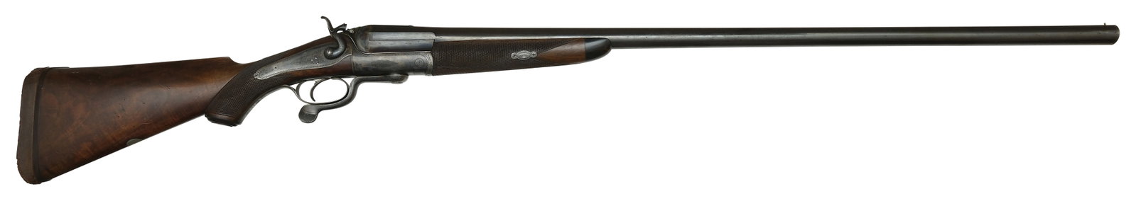 19TH CENTURY E. WILSON 4-BORE UNDER LEVER SHOTGUN: SN. 1296. Cal. 4-Bore. Built with 36" blued round brl that has brass bead front sight. Case hardened receiver. Top of brl with maker's stamp. Scroll engraving on the fence, receiver