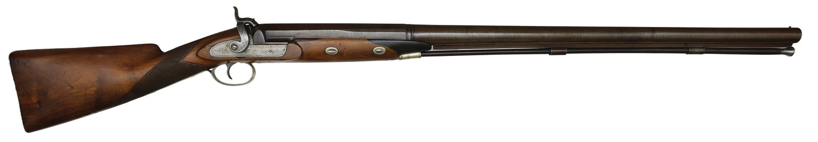 HANDSOME WILLIAM READ OF BOTSON 4 BORE MUZZLELOADER.: SN. NVSN. Cal. 4 Bore. Built with 37-1/2" quater octagon 34 round twist steel brl that has small brass front bead. Top of brl is nicely engraved "WILLIAM READ BOSTON" surrounded by light scroll.