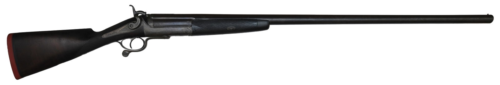 BOHEMOTH H. HOLLAND 4 BORE SINGLE BARREL HAMMER SHOTGUN.: SN. 2963. Cal. 4 Bore. Built with 41-1/2" damascus brl that is engraved "H. HOLLAND, 86 NEW BOND ST, LONDON". Brl with quarter rib. Wedge fastened walnut forend with 1-1/2" bone tip and is checkered i