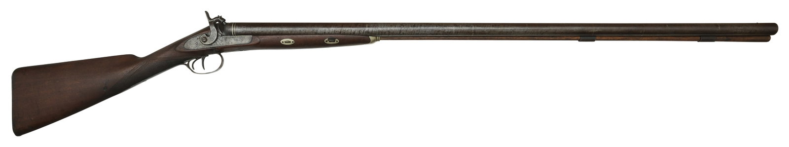 ENIGLISH 4 BORE DOUBLE BARREL HAMMER GUN: SN. NVSN. Cal. 4 Bore. Built with 38" London fine twist brls. Breech ends with German silver detail. Walnut stock is checkered in point pattern through the grip. Tang is lightly scroll engraved