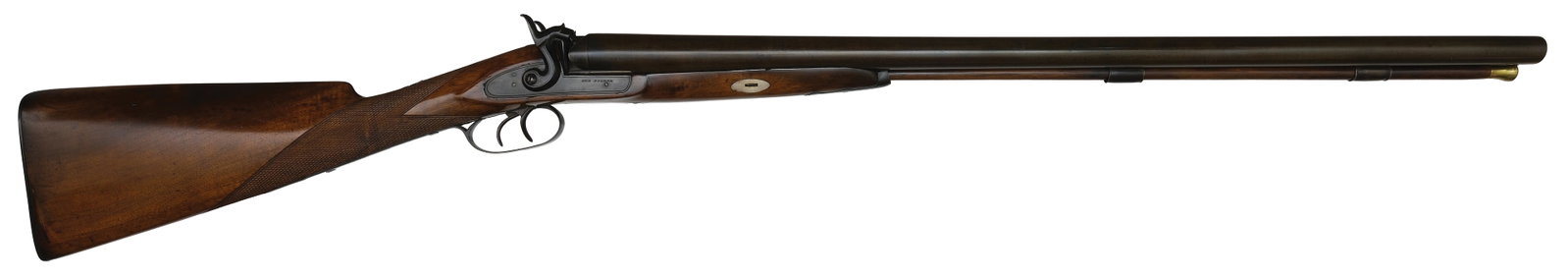 EARLY 8 BORE MUZZLELOADING FOWLER BY GEORGE FISHER.: SN. NVSN. Cal. 8ga. Built with 30" laminated steel brls that have concave top rib and brass front bead. Brls with silver bands at breech end and rib engraved "LAMINATED STEEL". Wedge fastened stock. L