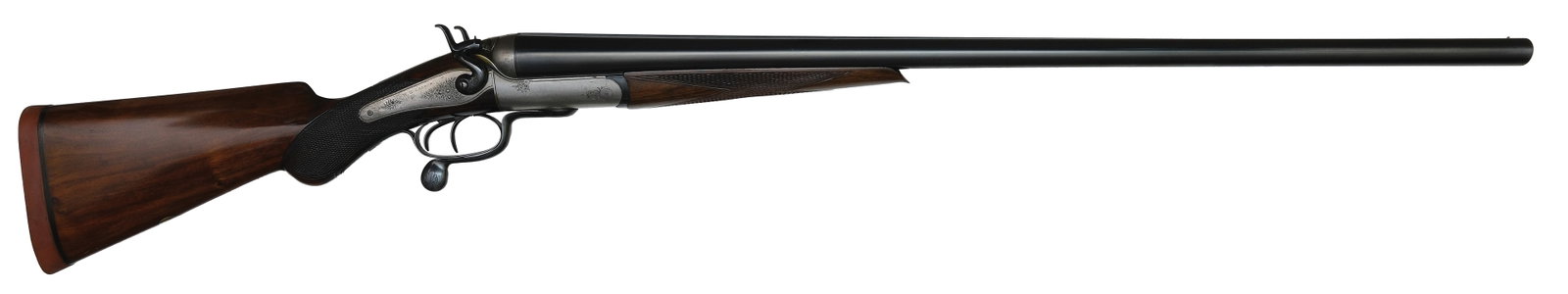 STOUT NITRO PROVED 8 BORE HAMMER SHOTGUN BY W.R. LEESON.: SN. 1090. Cal. 8ga. Built with 34" Siemen's steel brls that have concave top rib engraved "W.R. LEESON. ASHFORD, KENT. SIEMANS STEEL.". Brl flats with nitro proof stamps and 3-1/4" chamber stamps as