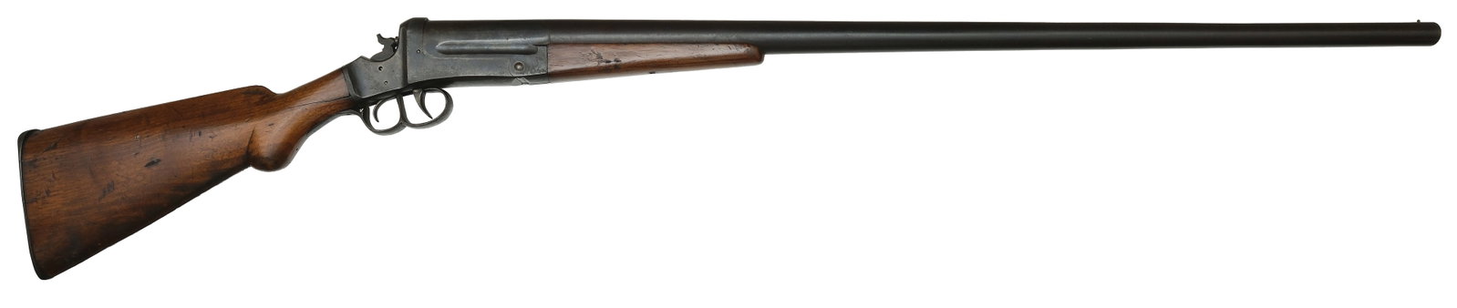 RARE 8 BORE SINGLE SHOT BY C.S. SHATTUCK OF HATFIELD, MA.: SN. 356. Cal. 8ga. Built with 40" laminated steel brl that has brass front bead. Walnut forend. Casehardened receiver. Trigger guard with lever and trigger. Top tang stamped "C.S. SHATTUCK HATFIE