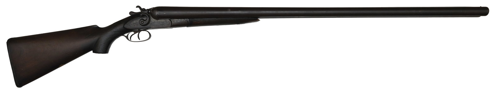 BEASTLY BELGIAN MADE "PARKER" 8 GAUGE HAMMER SHOTGUN.: SN. 29506. Cal. 8ga. Built with 36" brls that has matted top rib with brass front bead. Brl with inscription on rib "WARRANTED LONDON FINE TWIST" and lightly engraved doll's head extension.