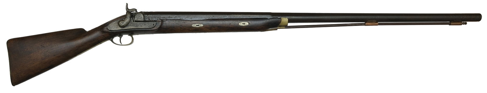 BEHEMOTH MUZZLELOADING FOWLER OF UNKOWN ORIGIN.: Built with 47" half octagon half round brl. Walnut stock is double wedge fastened. Brass trigger guard and buttplate. WEIGHT: 16lbs. 15oz. LOP: 13-7/8".