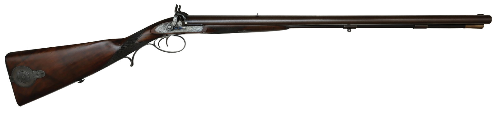 TRULY UNIQUE JAMES PURDEY COMBINATION MUZZLELOADER.: SN. 3670. Cal. 14 Bore Shot and 16 Bore Rifle. According to company records, this gun was completed June 22, 1842 and built as a 14 bore shotgun in the left brl and 16 bore rifle in the