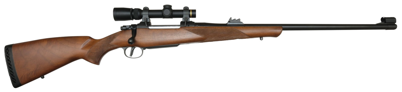 NEAR MINT CZ 602 ZKK MAGNUM: SN. 26771. Cal. 458 Lott. Built with a 26" blued finish round brl that has fixed three leaf express sight and hooded ramp blade front sight. Walnut stock checkered in point pattern. Blued finish 