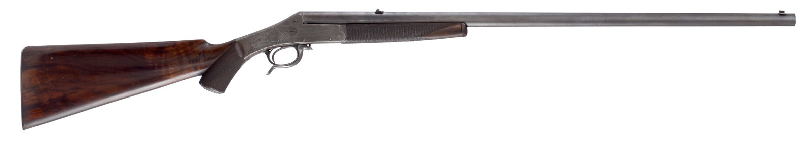 SUPER COOL AND RARE JOHN DICKSON & SON ROOK RIFLE IN .297/250 CALIBER WITH ORIGINAL MAKER'S CASE.: SN. 4597. Cal. .297/250. Built with 26" blued and matted rib brl that has 100 yard flip up rear sight and fixed blade front sight. Bottom of brl with proof stamps and assembly number "10262" stamped b