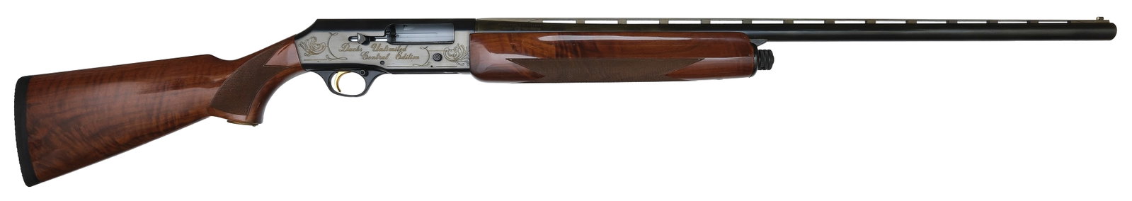BROWNING B-80 DUCKS UNLIMITED 12 BORE SHOTGUN WITH CASE.: SN. 83DU0990. Cal. 12ga. Built with 30" ventilated rib brl that has white front bead. Brl stamped with usual maker's mark including "MADE IN PORTUGAL" and "BY FN HERSTAL". Finger groove walnut forend 