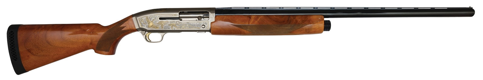 EXCELLENT BROWNING GOLD DUCKS UNLIMITED ANNIVERSARY EDITION 12 BORE SHOTGUN.: SN. 060DU01752. Cal. 12ga. Built with 28" ventilated rib brl that has usual maker's stamps. Walnut forend is point pattern checkered. French gray receiver engraved with ducks on sides commemorati