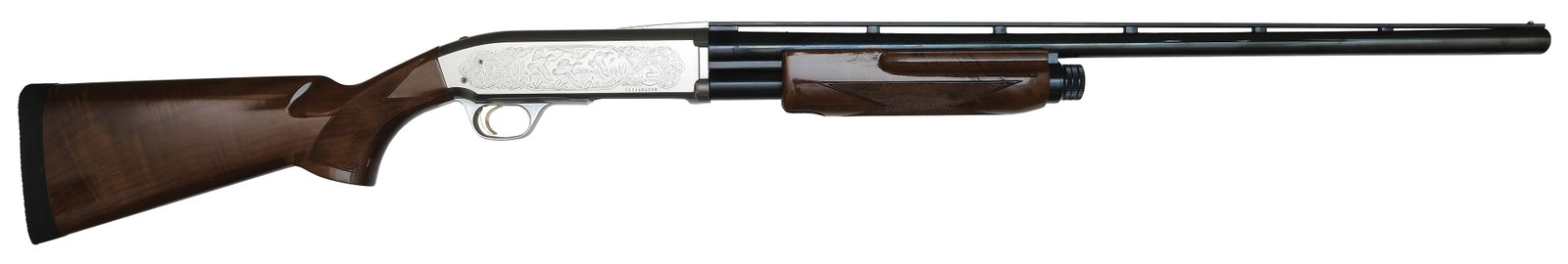 AS NEW BROWNING BPS 20 BORE DUCKS UNLIMITED SHOTGUN.: SN. 00349DU099. Cal. 12ga. Built with 26" ventilated rib brls that has steel front bead. Checkered finger groove walnut forend. Coin finishes receiver engraved with DU logo and game scenes on sides. G